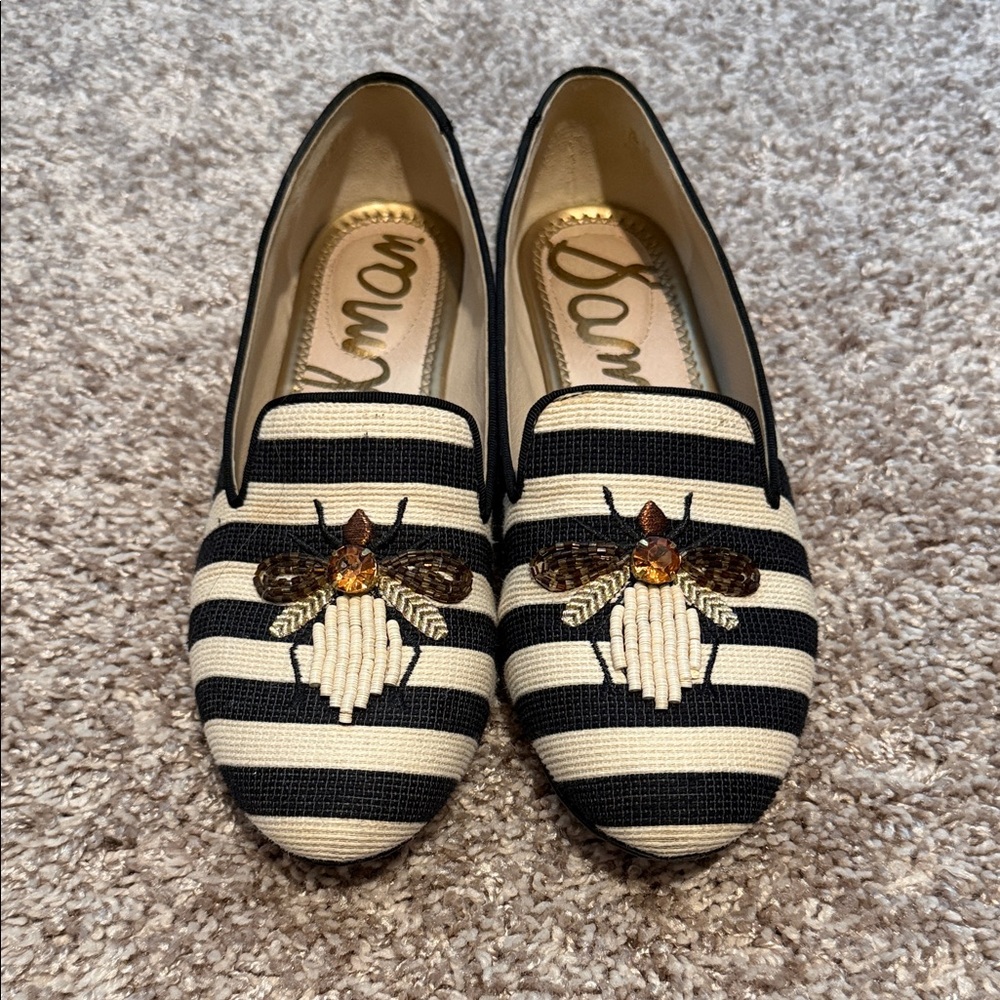 Sam Edelman Black and Cream Striped Loafers with Embroidery